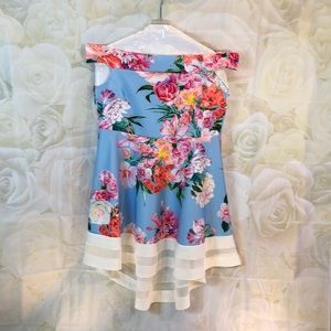 NWT Quiz Mini Dress Blue Pink Floral  Print Off-the-Shoulder Size 18